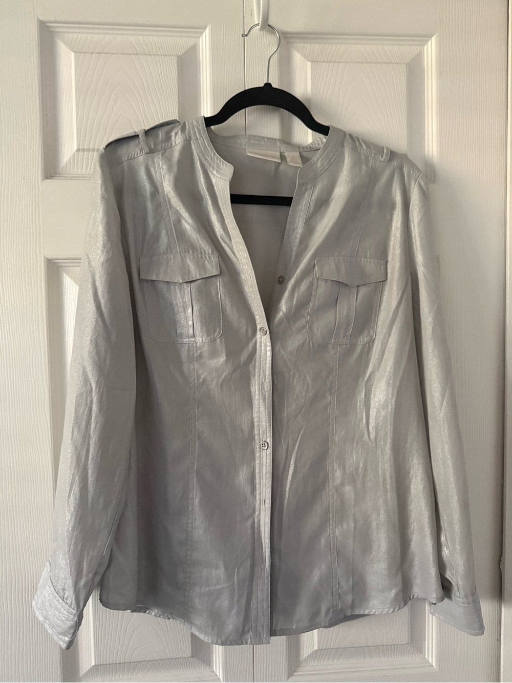 Chico’s Shimmery Light Gray Button-Front Blouse